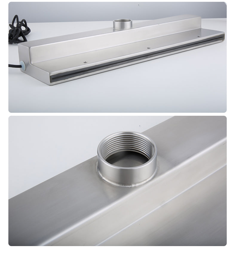Product parameters for a stainless steel waterfall with technical diagram and model options.