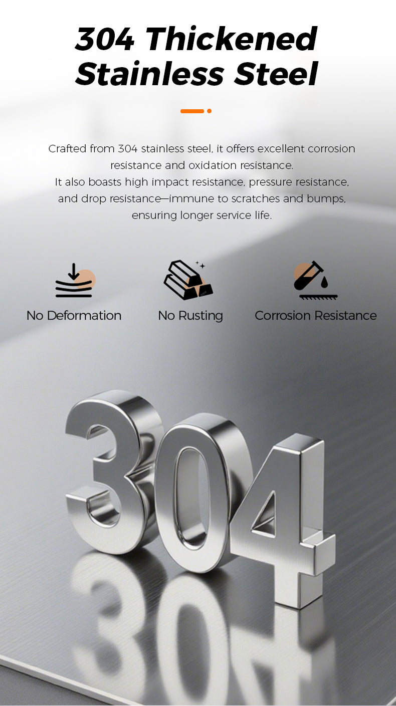 Stylized '304' text on a reflective surface with text about 304 thickened stainless steel properties.