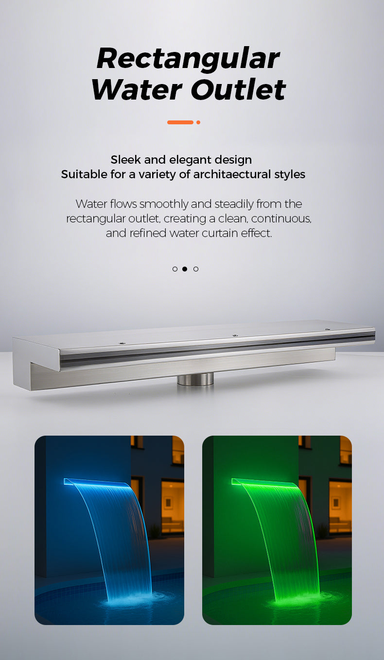 Rectangular water outlet with text describing its features