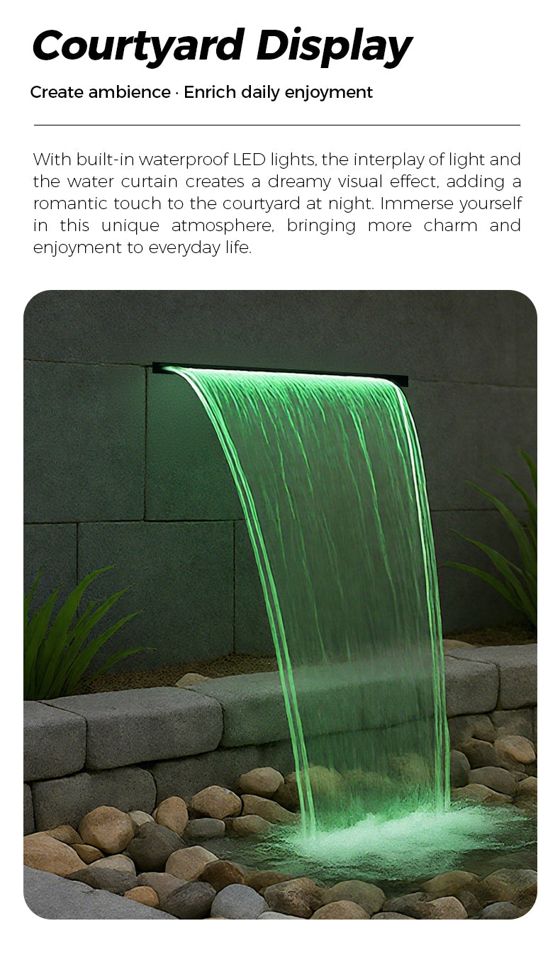 Wall-mounted water outlet with blue LED lights at night