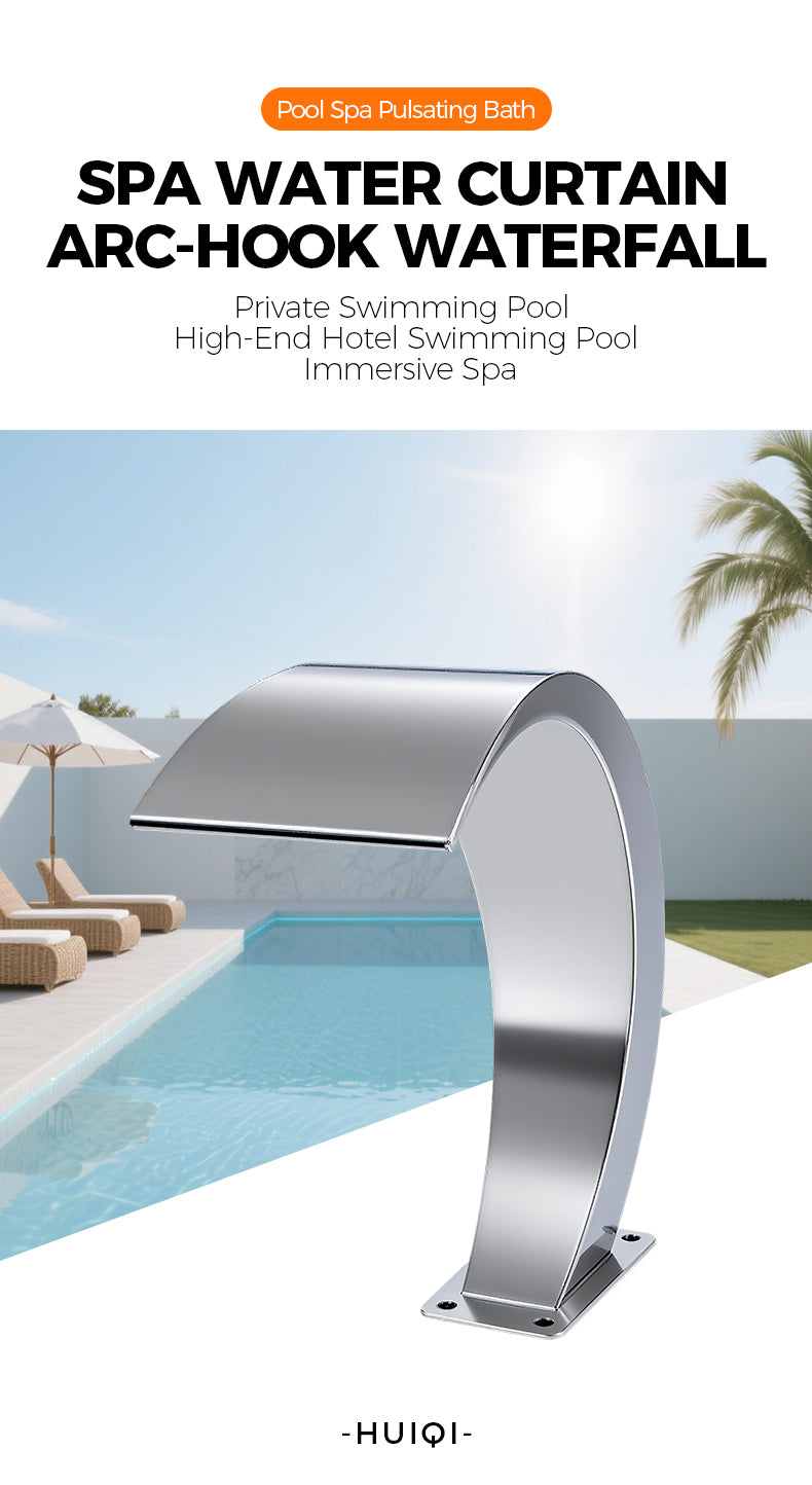 SPA Water Curtain Arc-Hook Waterfall product with pool and palm tree in the background