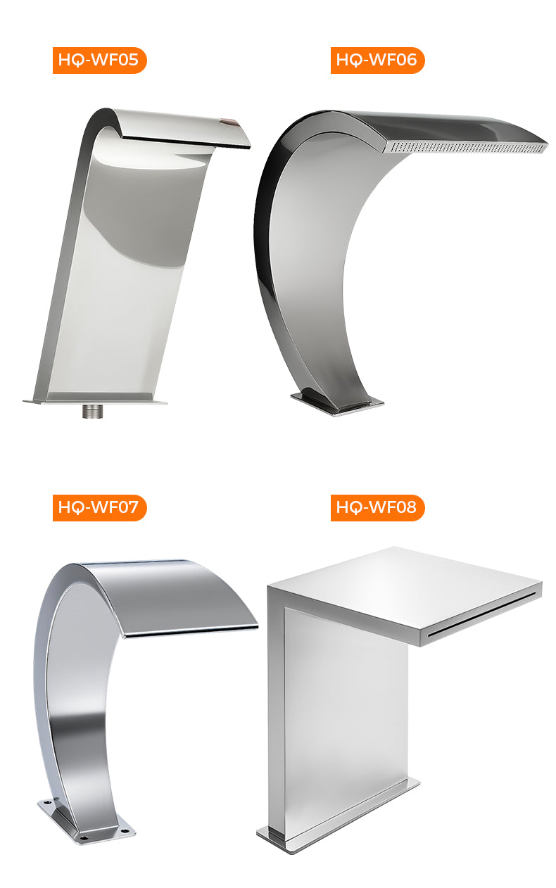 Set of modern metal wall-mounted fixtures with model numbers on a white background