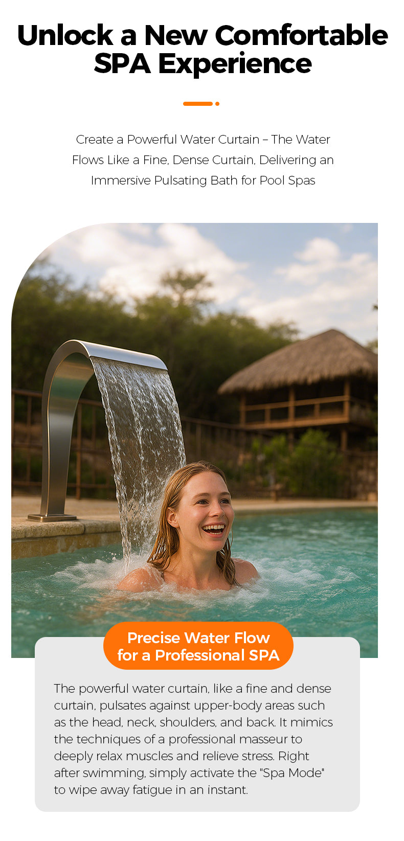 Woman in a pool with a water curtain feature, surrounded by trees and a building.