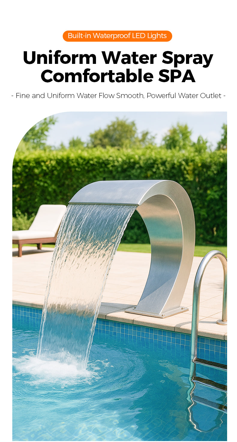 Waterfall feature in a pool with text about built-in waterproof LED lights and uniform water spray.