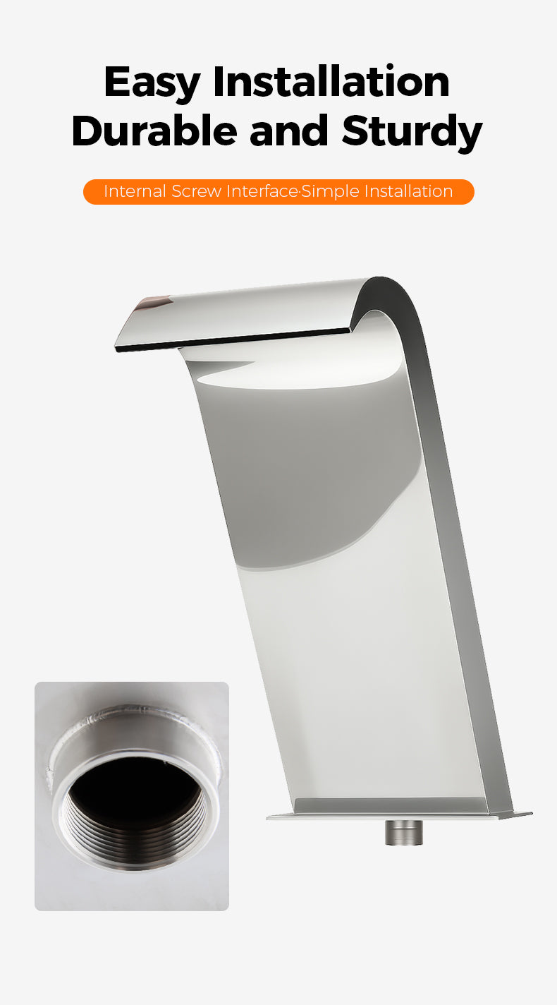 Metallic faucet and connector with text on a white background