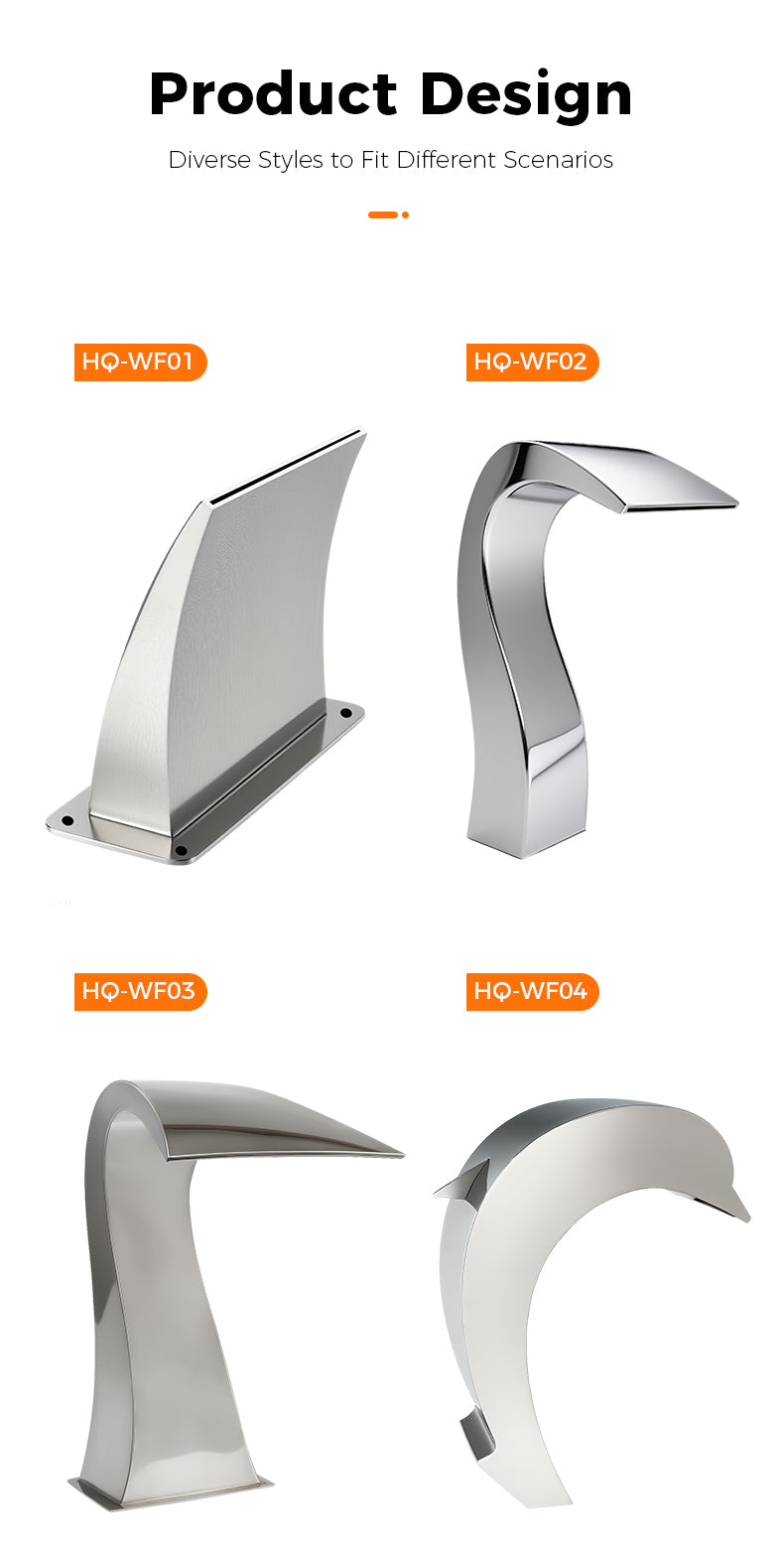 Set of metallic wall-mounted shower heads with different designs on a white background.