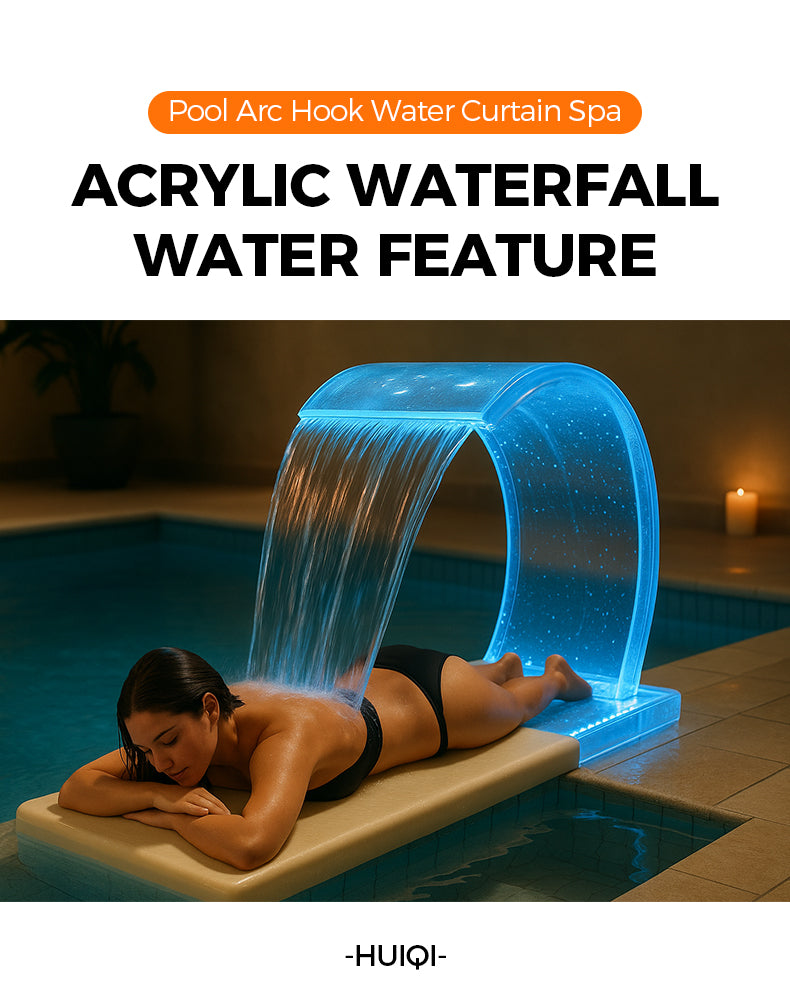 Woman lying on a poolside water feature with text about an acrylic waterfall water feature.