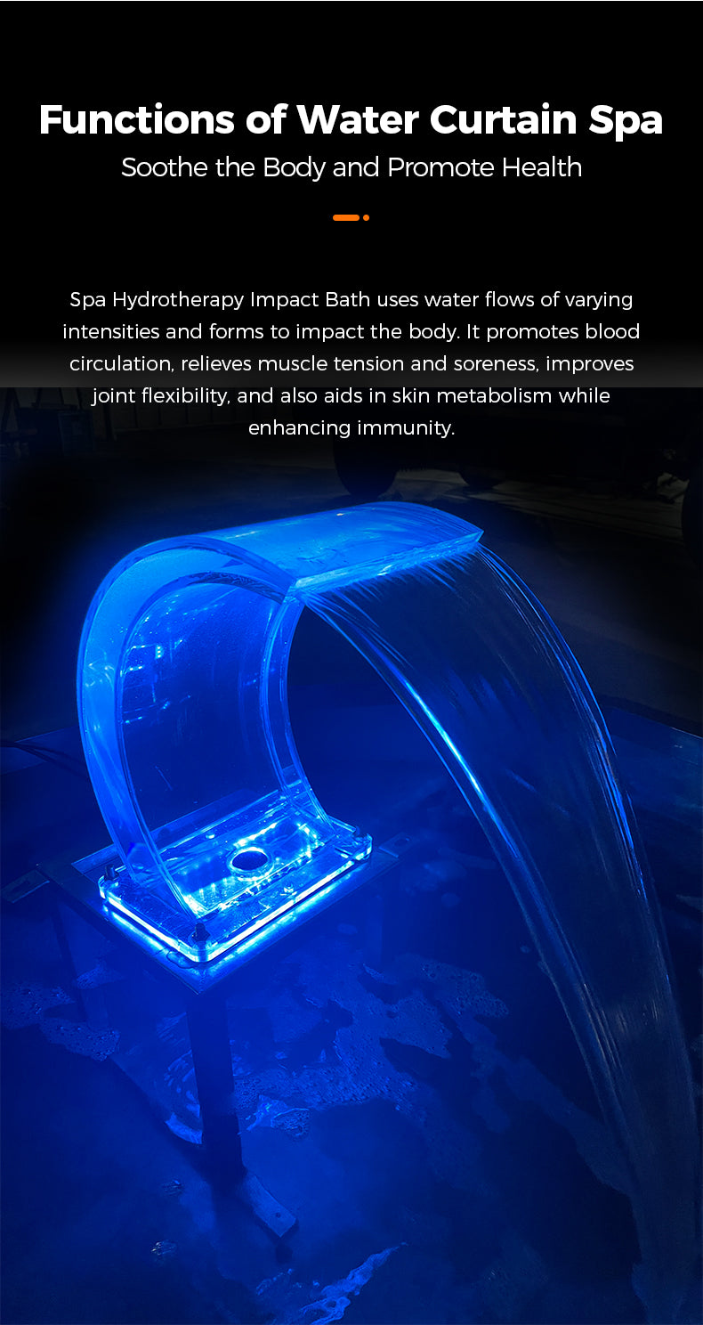 Blue water curtain spa with text about its functions and benefits.