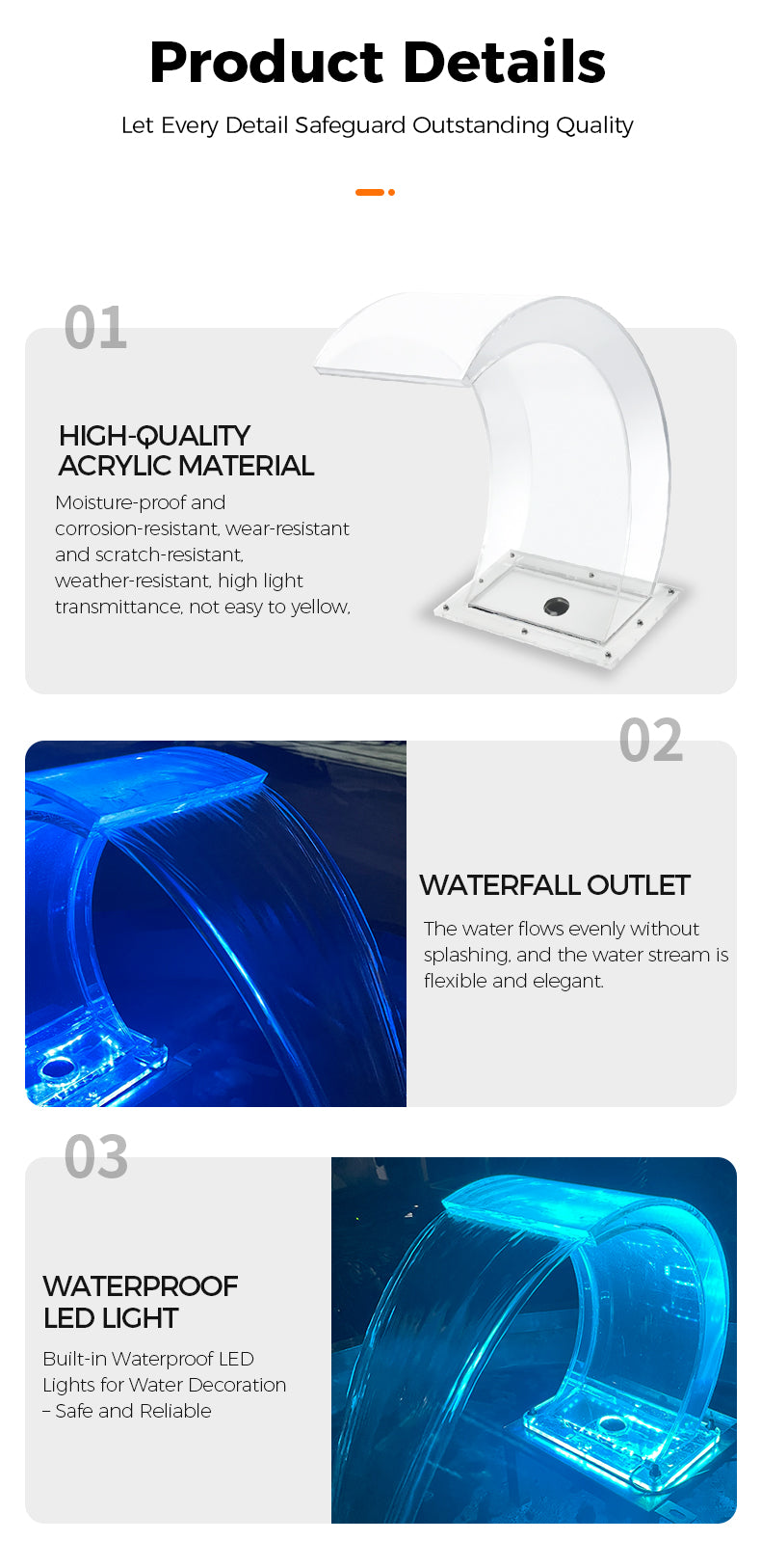 Product details of a transparent shower head with acrylic material, waterfall outlet, and waterproof LED light.