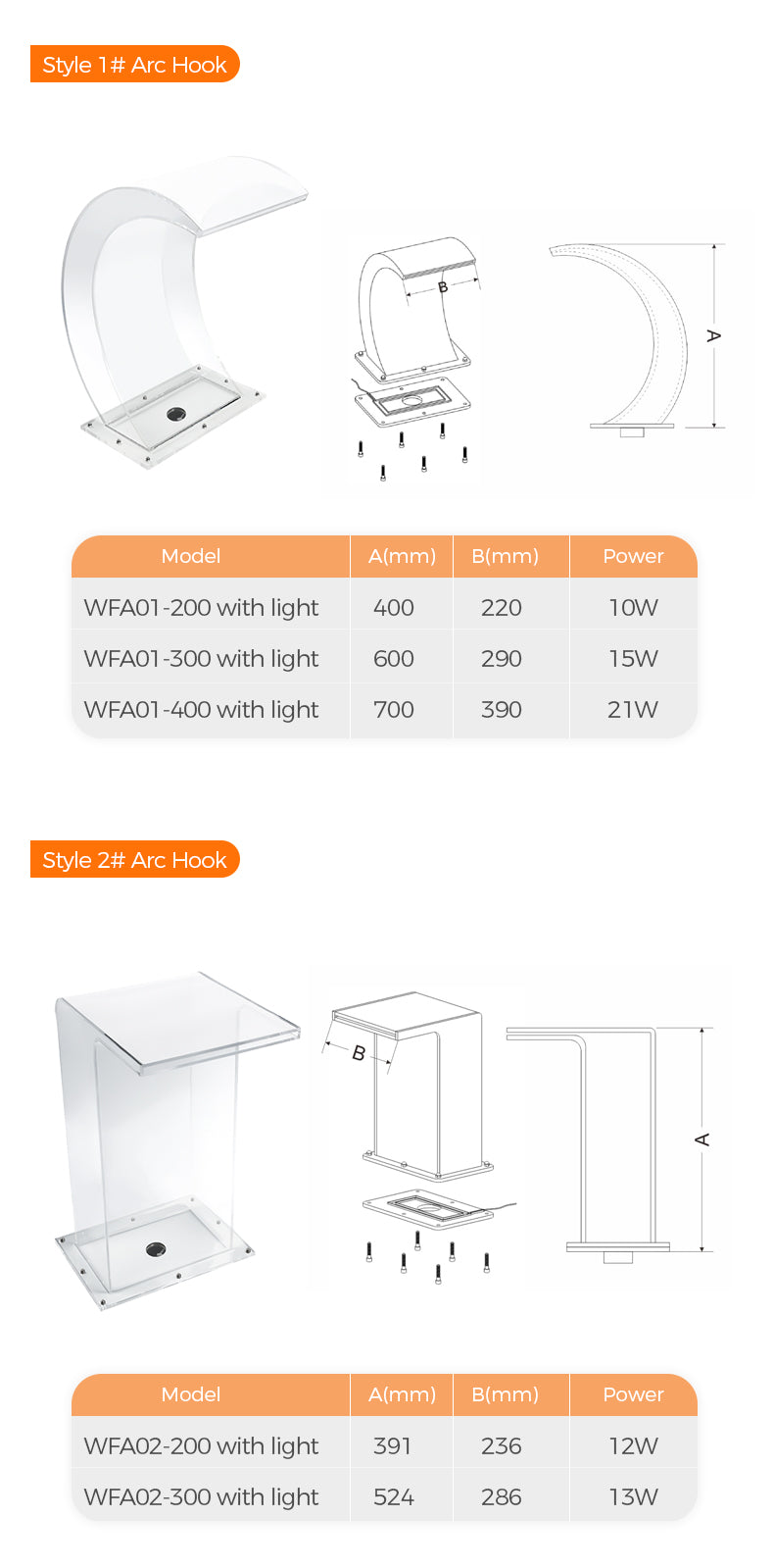 Product specifications for air humidifiers with models, airflow, height, width, and power.