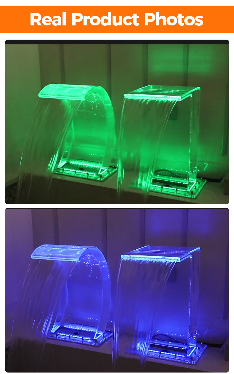 Two transparent aquariums with LED lights showing green and blue lighting.