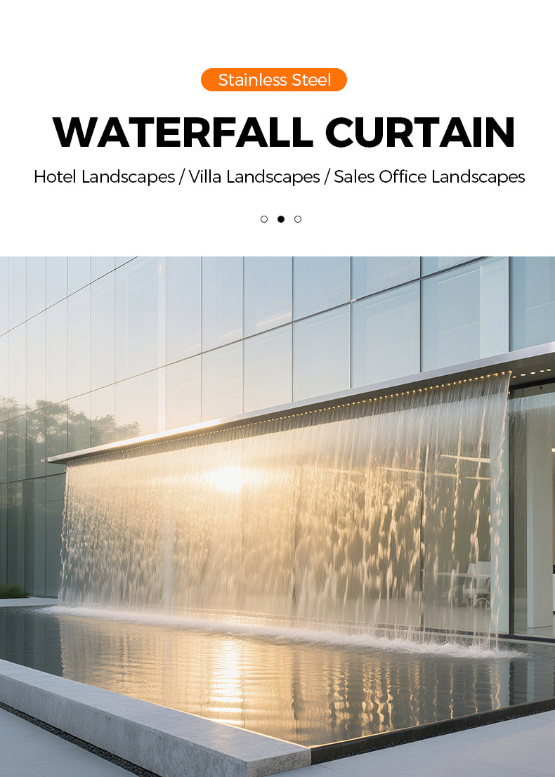 Stainless steel waterfall curtain feature with text on a white background