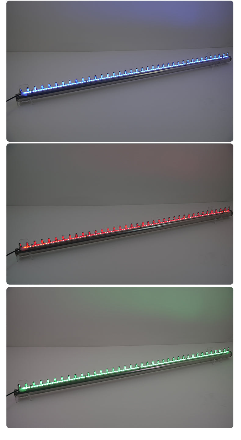 Three views of a LED light bar in blue, red, and green on a gray background.