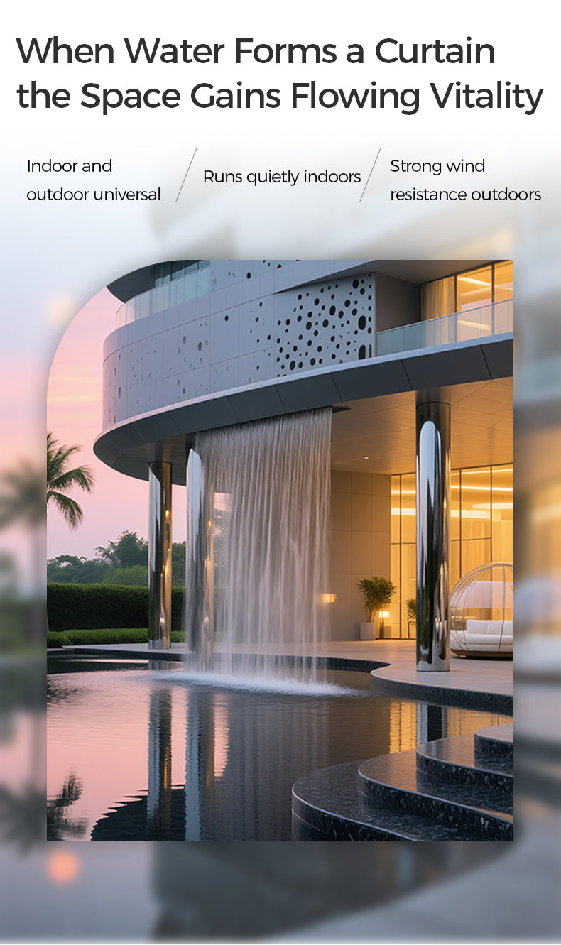 Modern building with a waterfall feature, text about water curtain benefits.