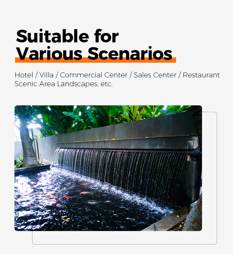 Waterfall feature with text indicating suitability for various scenarios