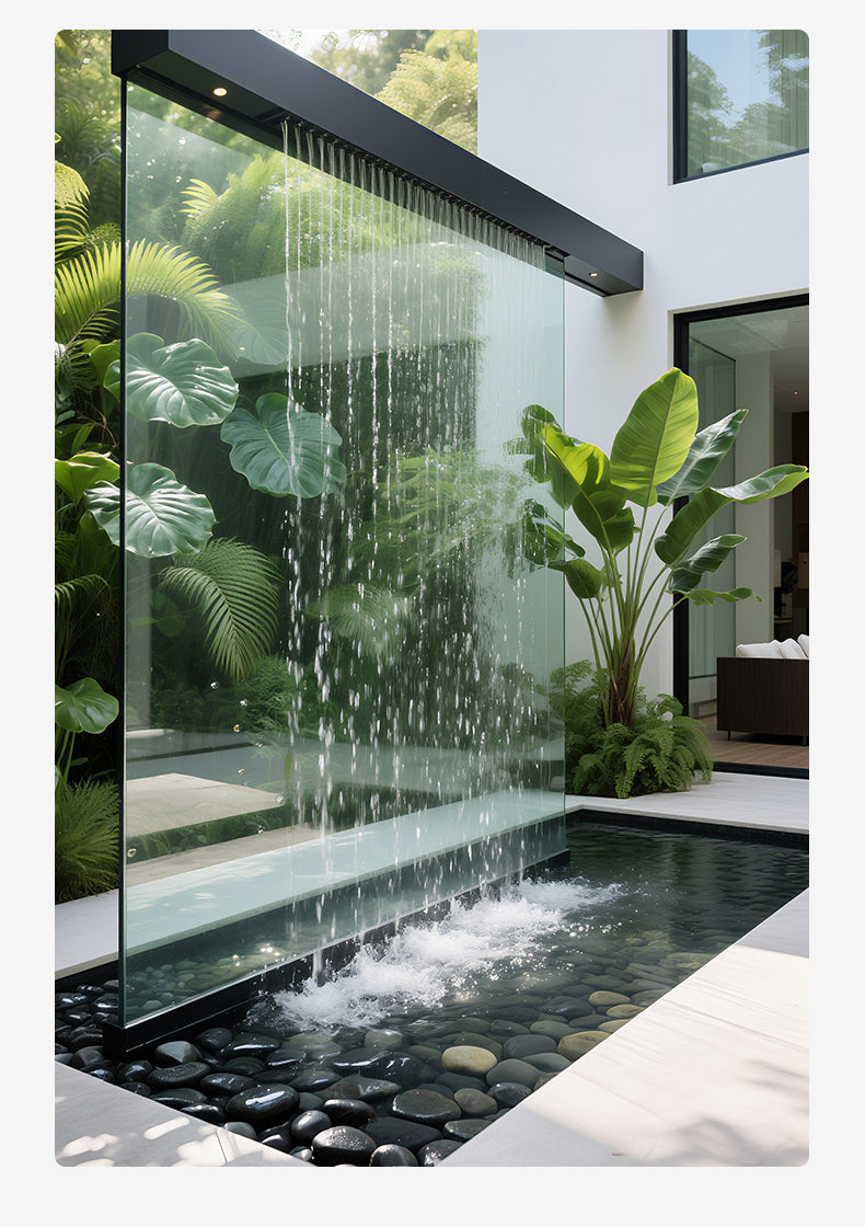 Modern outdoor design with a water feature and greenery