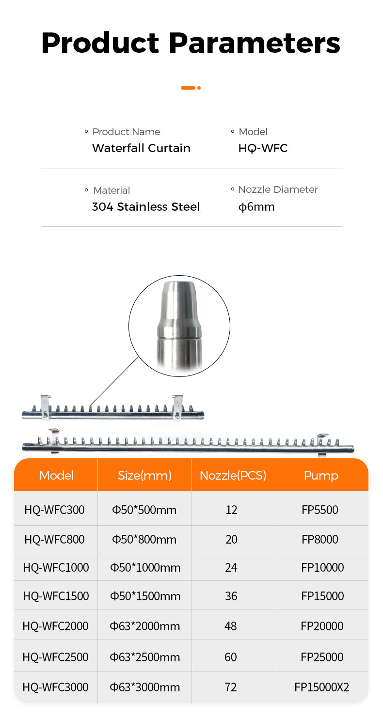 Product parameters for a waterfall curtain system with material, nozzle diameter, and model details.