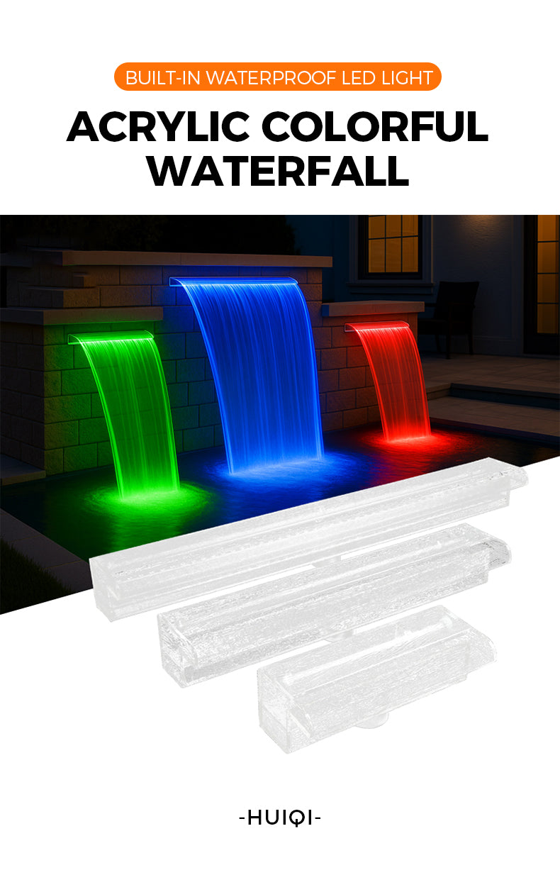 Acrylic colorful waterfall with built-in LED lights and HUIQI branding.