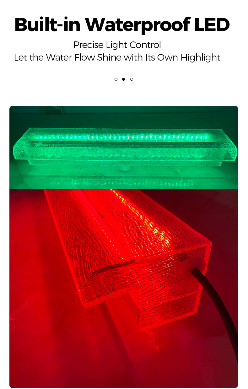 Green LED light strip on a red background with text about waterproof LED technology.