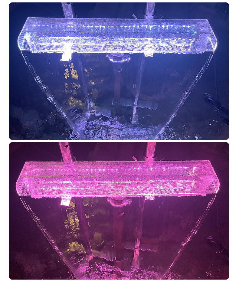 Two views of a transparent rectangular container with a purple light inside, showing reflections and distortions.