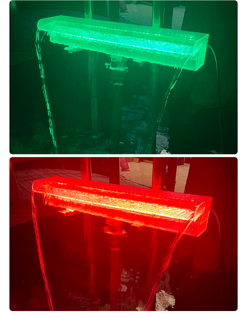 Two images showing a rectangular light fixture emitting green light at the top and red light at the bottom.