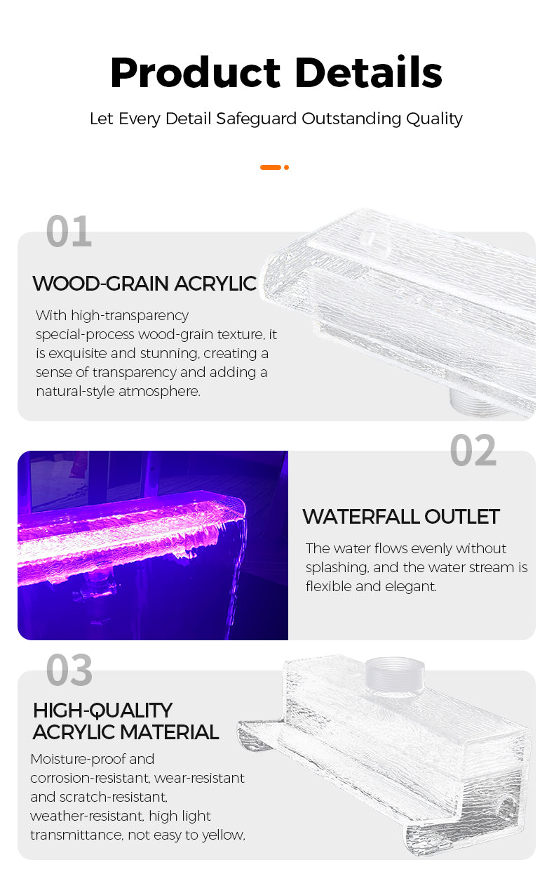 Product details of wood-grain acrylic with waterfall outlet feature on a white background
