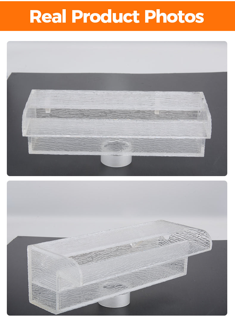 Two shower drain covers on a gray background with 'Real Product Photos' text at the top.