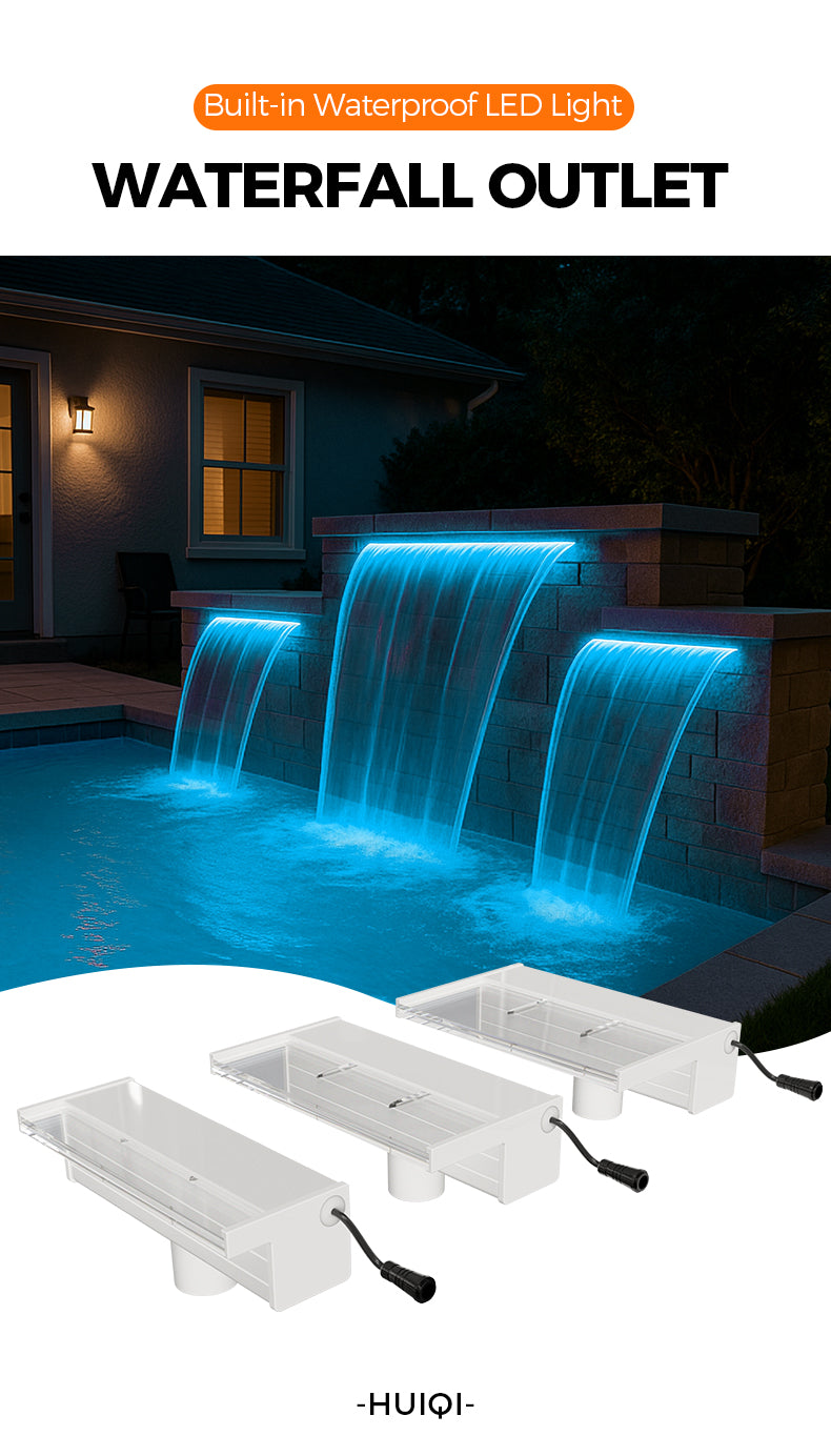 Waterfall outlet with built-in waterproof LED light for outdoor use, shown with a pool and house in the background.