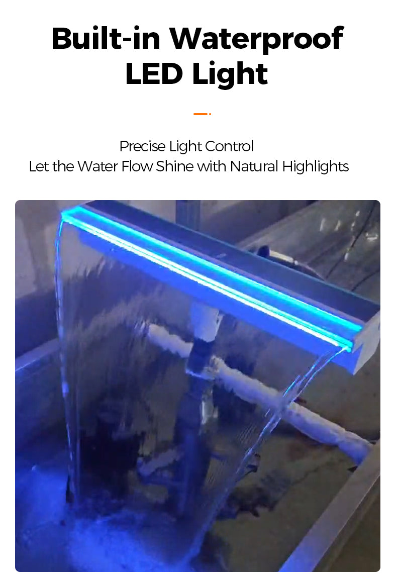 Aquarium with a built-in waterproof LED light system, highlighting water flow and natural highlights.