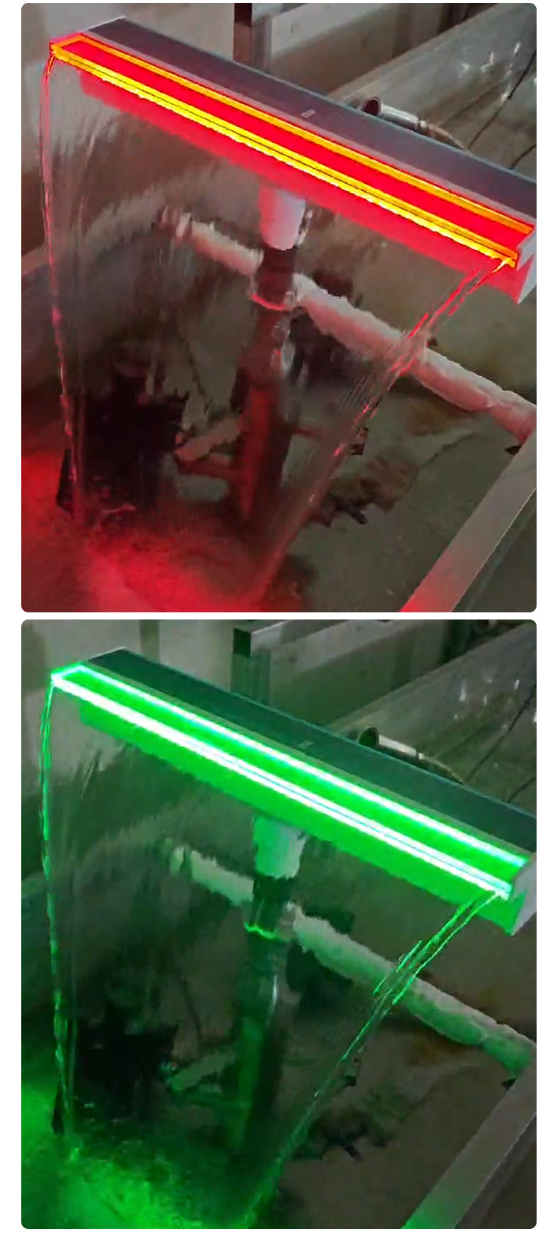 Two views of a LED light bar, one red and one green, on a transparent background.