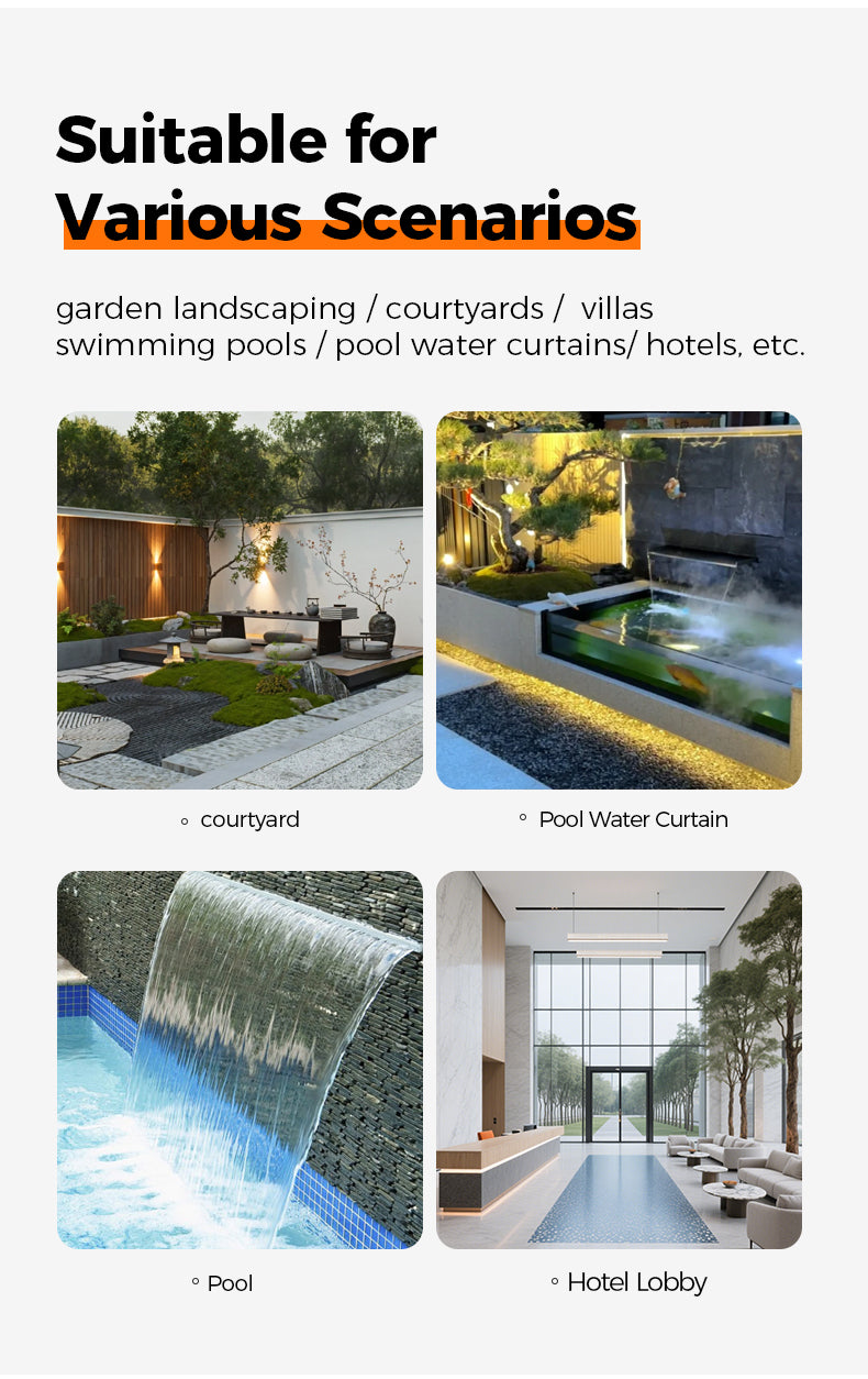 Promotional image for water curtains and pool systems with various application scenarios.