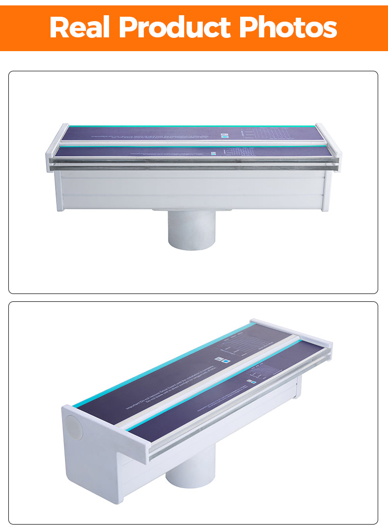 Two views of a white rectangular pool drain cover with a blue top on a white background.