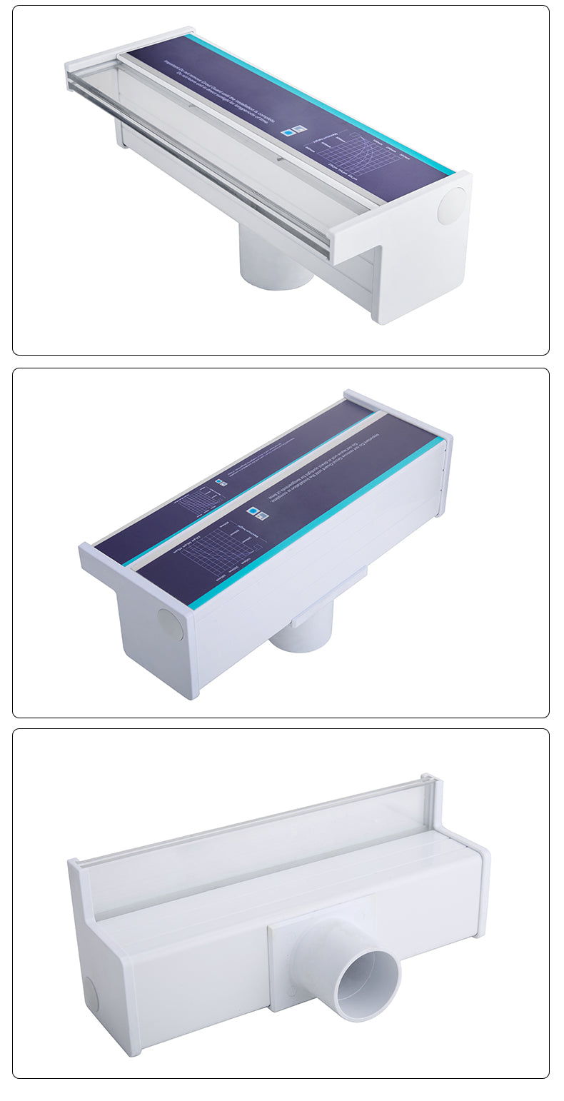 White plastic drain with blue label on a white background