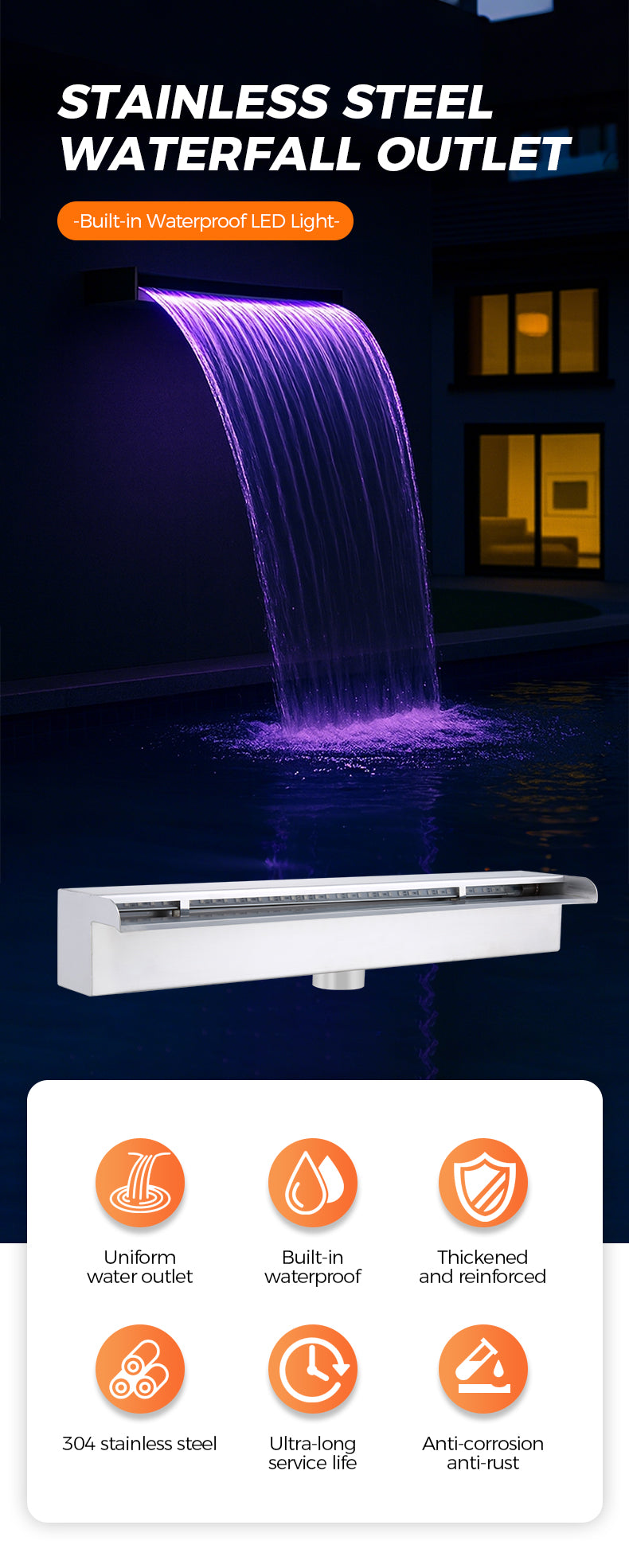 Waterfall outlet with LED light feature, labeled 'HUIQI'.