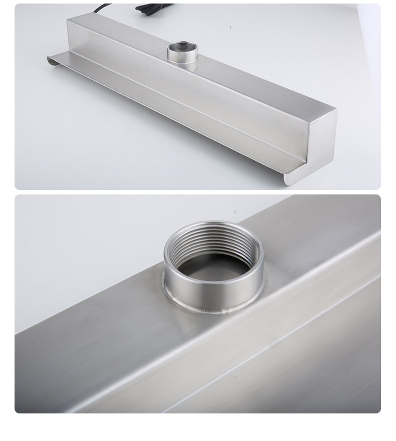Product parameters for a stainless steel waterfall with dimensions and specifications.