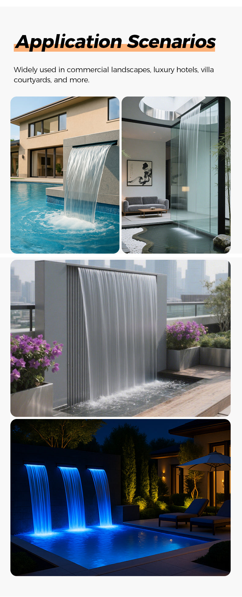 Modern water feature with triangular design and LED lights in a courtyard setting.