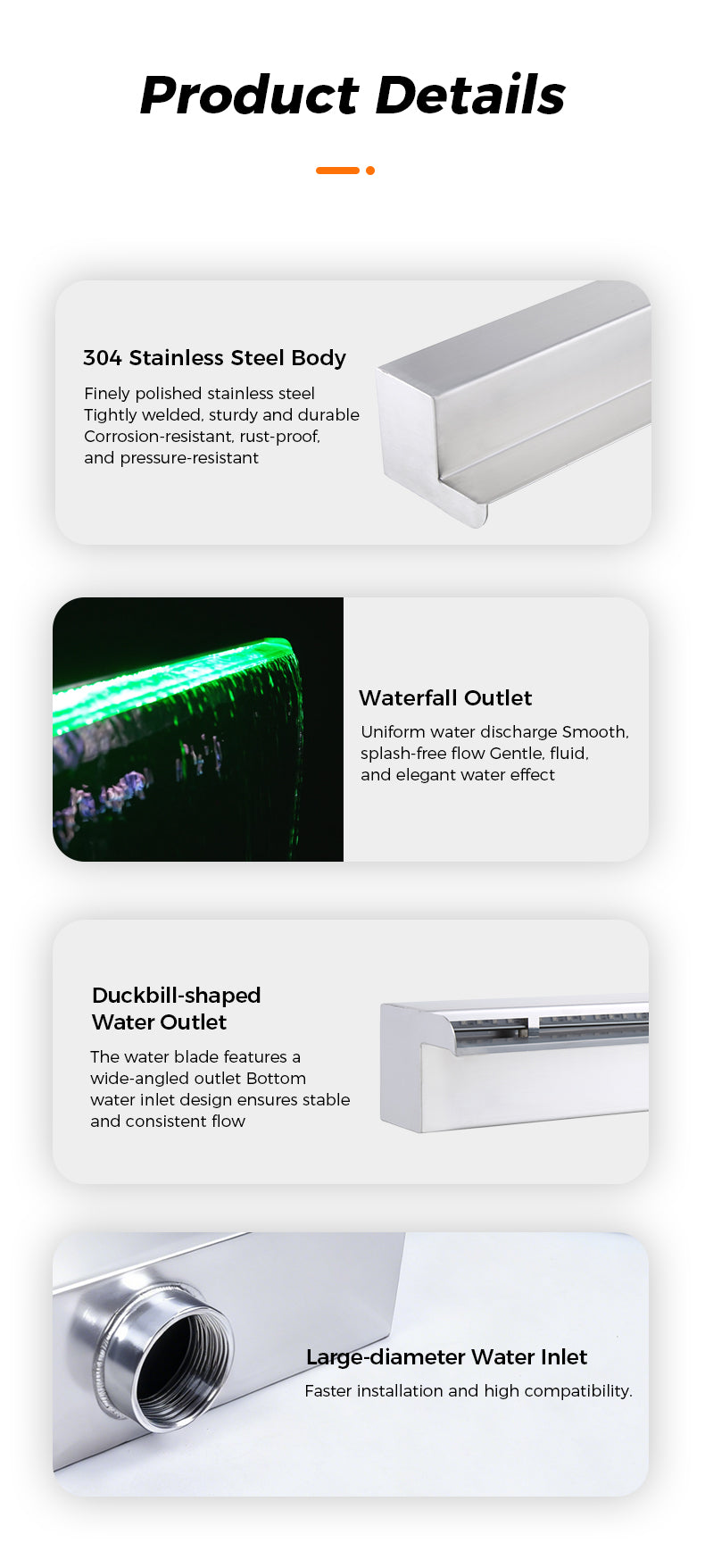 Advertisement for a garden pool water curtain system with images of its application in various settings.