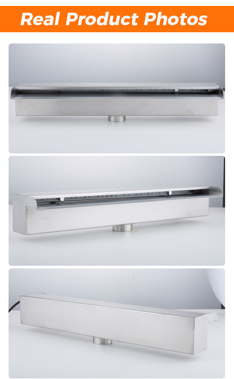 Product details of a stainless steel shower head with features highlighted.