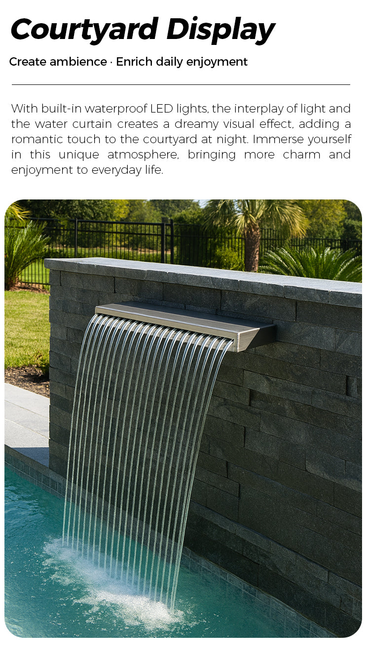 With built-in waterproof LED lights. the interplay of light and the water curtain creates a dreamy visual effect. adding a romantic touch to the courtyard at night. Immerse yourself in this unique atmosphere. bringing more charm and enjoyment to everyday life.