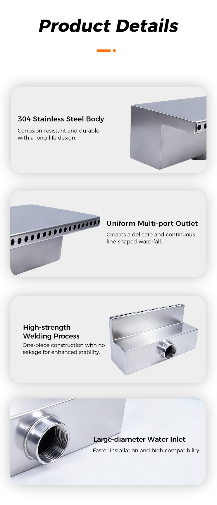 Stainless Steel Waterfall Outlet for Pools & Courtyards