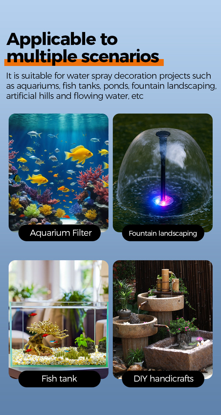 Suitable for a variety of scenarios, such as aquariums, fish tanks, ponds, fountain landscapes, artificial hills, and water features.