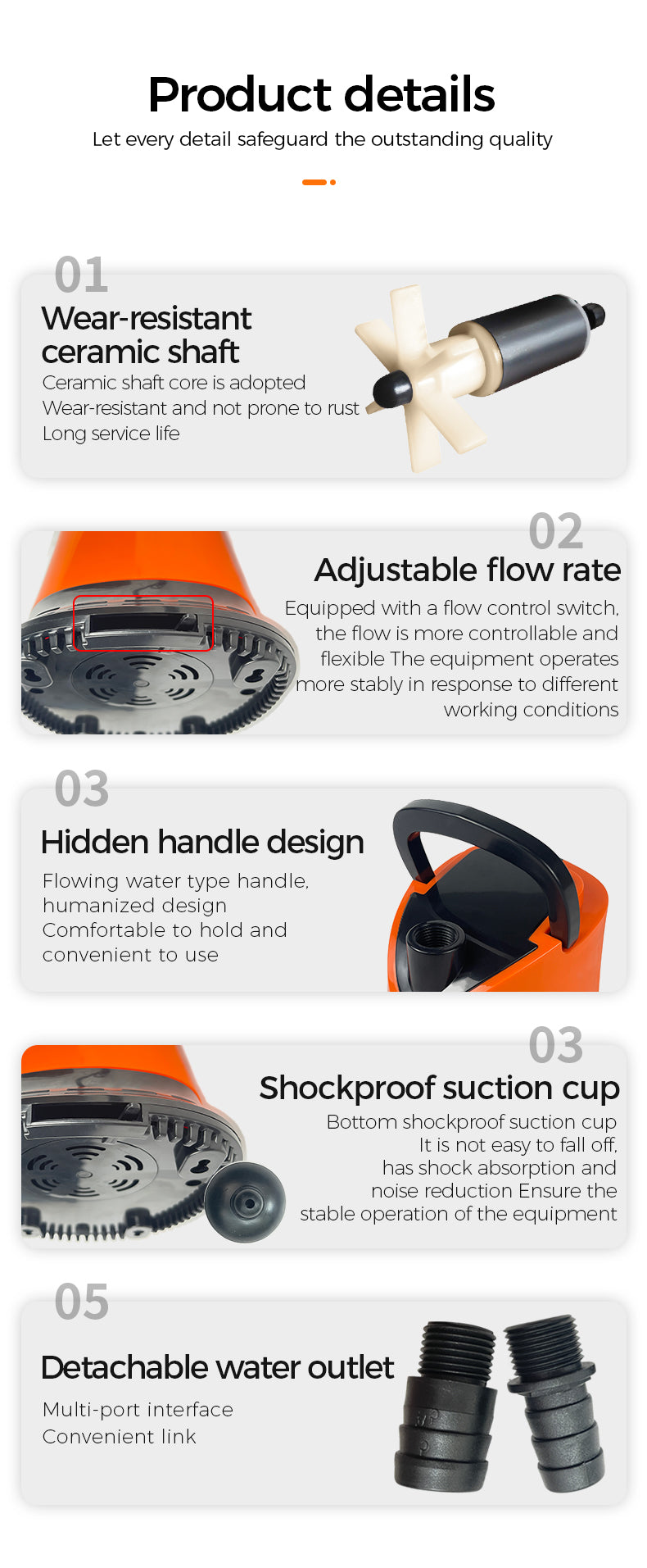 Product details of a water tool with features like wear-resistant ceramic shaft, adjustable flow rate, hidden handle design, shockproof suction cup, and detachable water outlet.