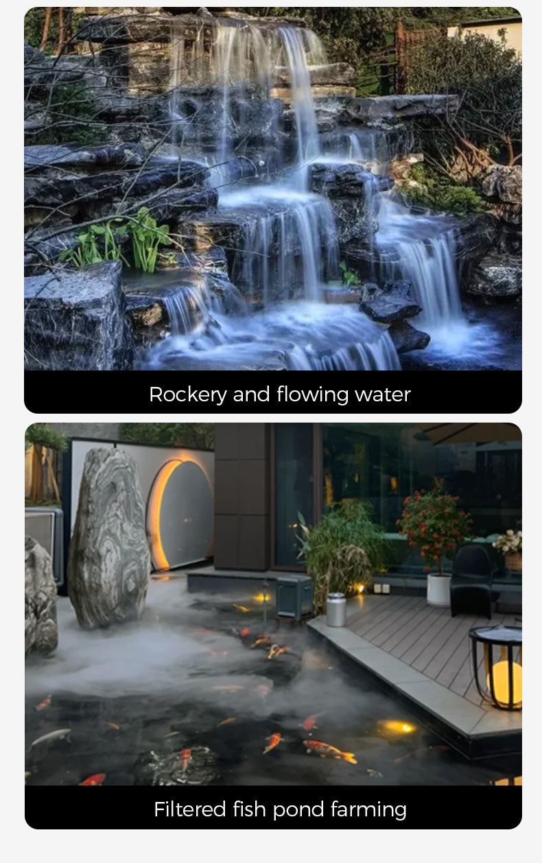 Two images showing a rockery with flowing water and a filtered fish pond.