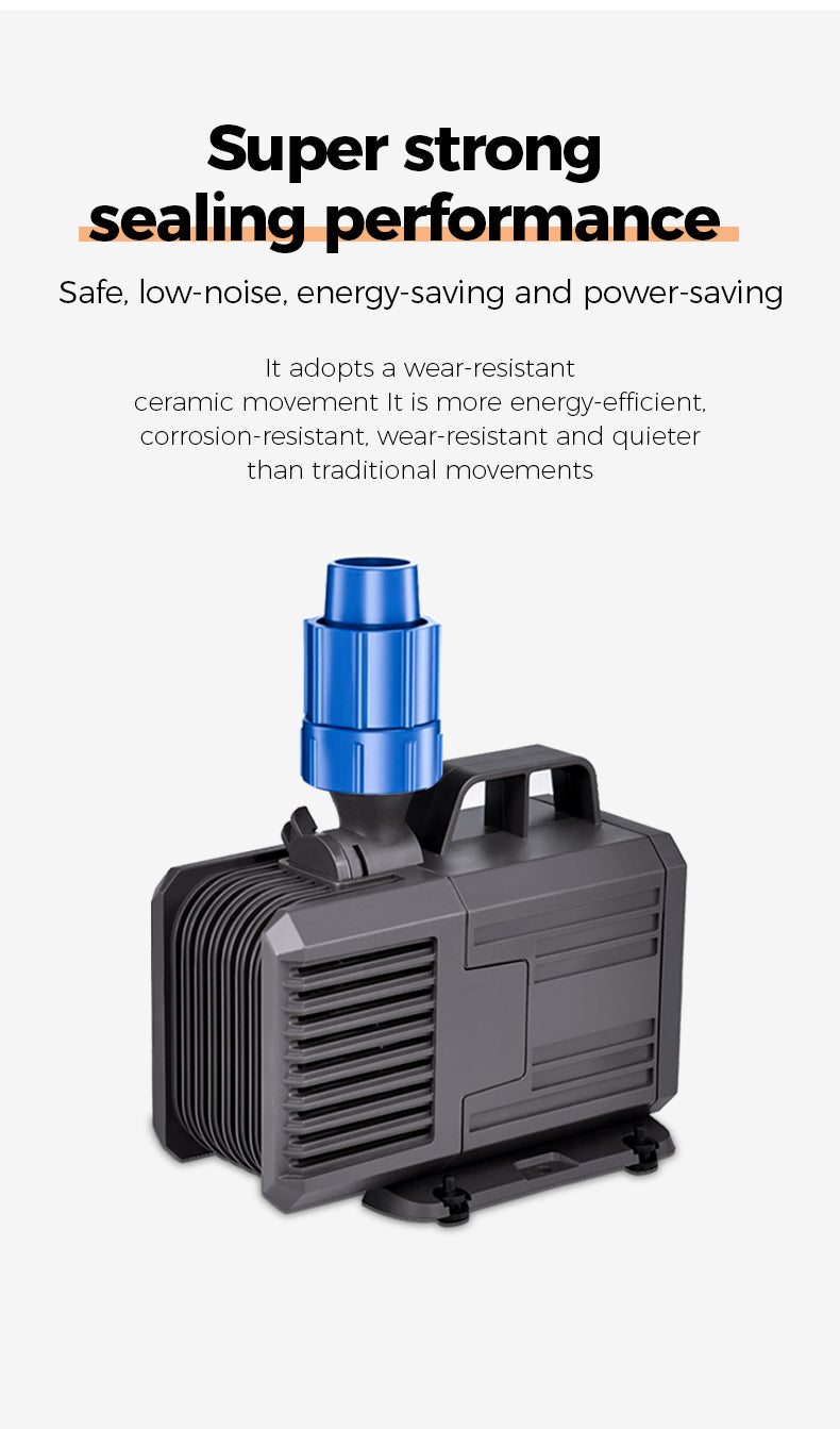 Black mechanical device with blue component on a white background, featuring text about sealing performance.