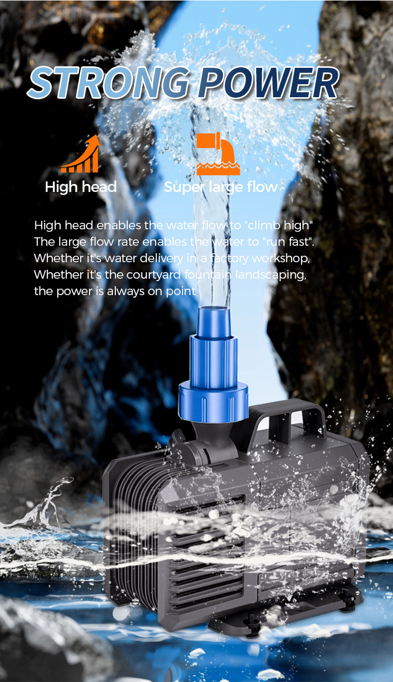 Pump with water splashing around it, labeled 'Strong Power' with text about high head and super large flow.