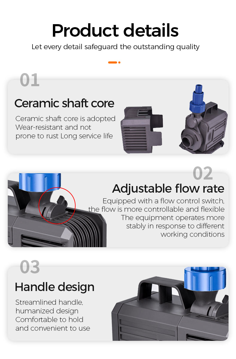 Product details of a pump with ceramic shaft core, adjustable flow rate, and streamlined handle design.