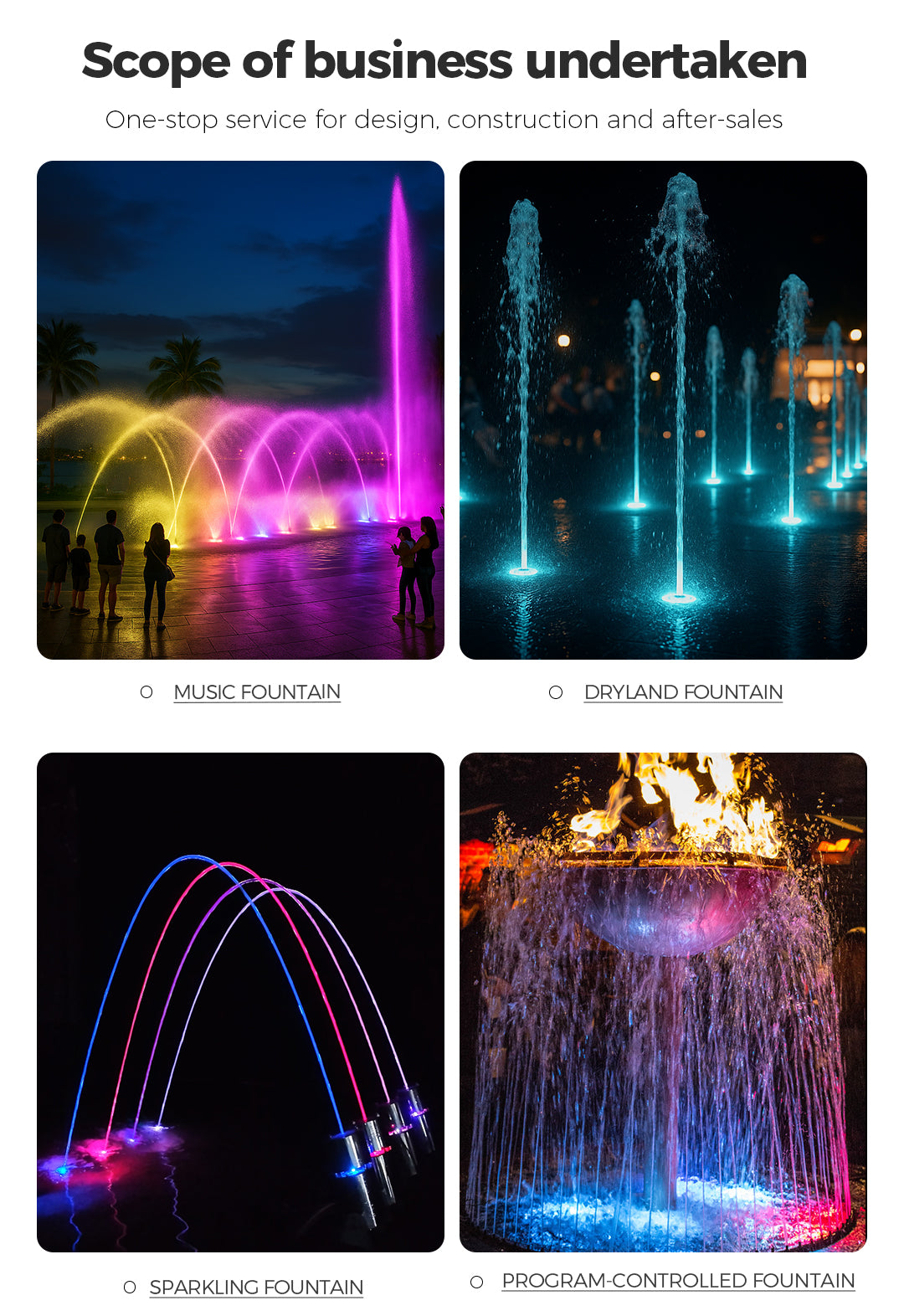 Colorful fountains with people around, showcasing different fountain types.