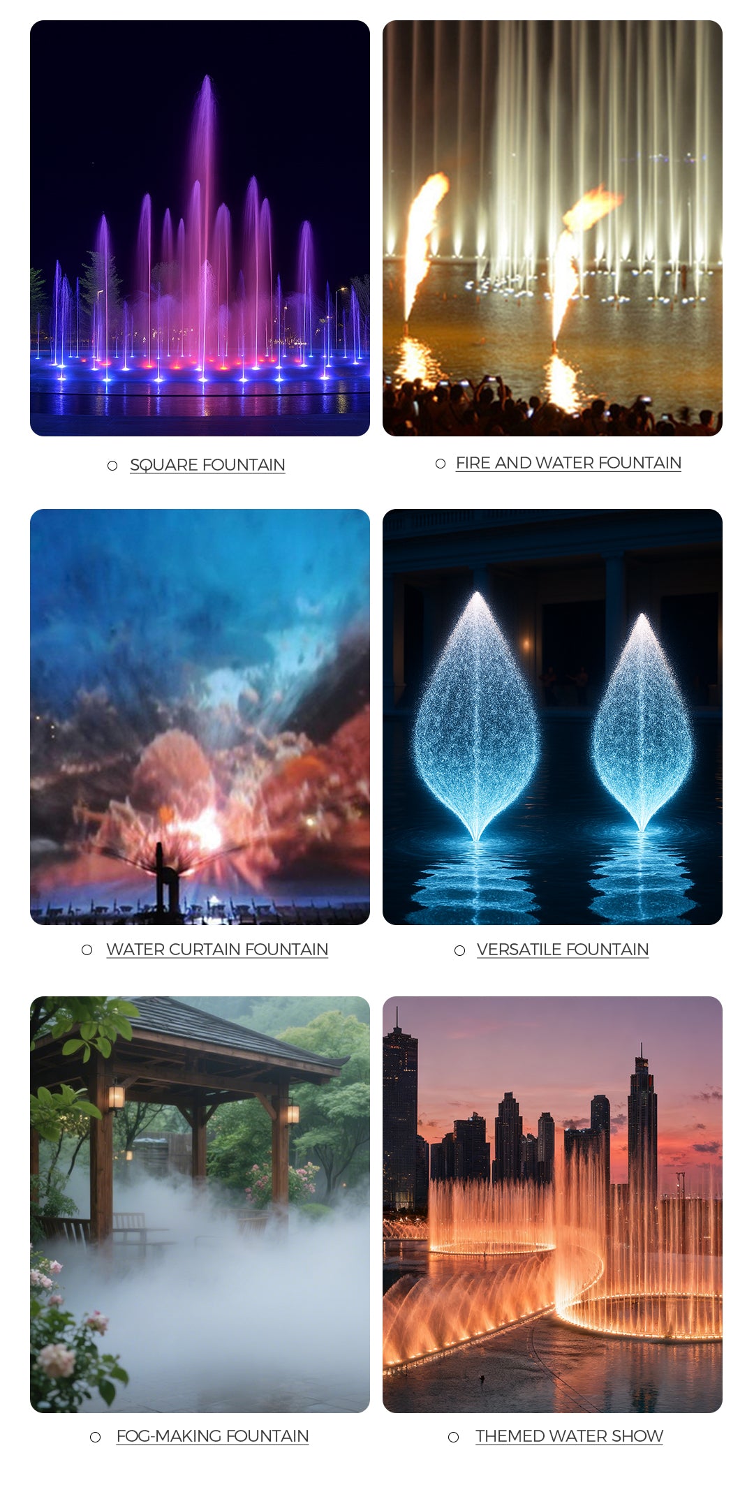 Collage of various fountain designs with descriptions below each.