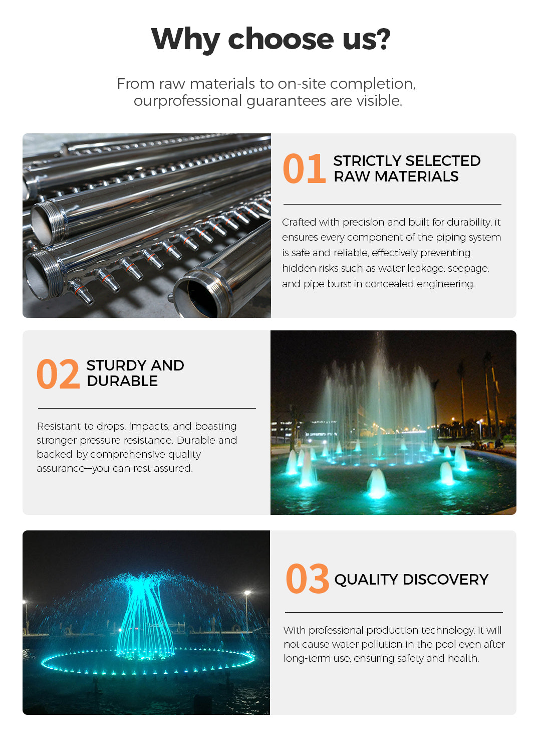 Promotional graphic highlighting features of a piping system with images and text.