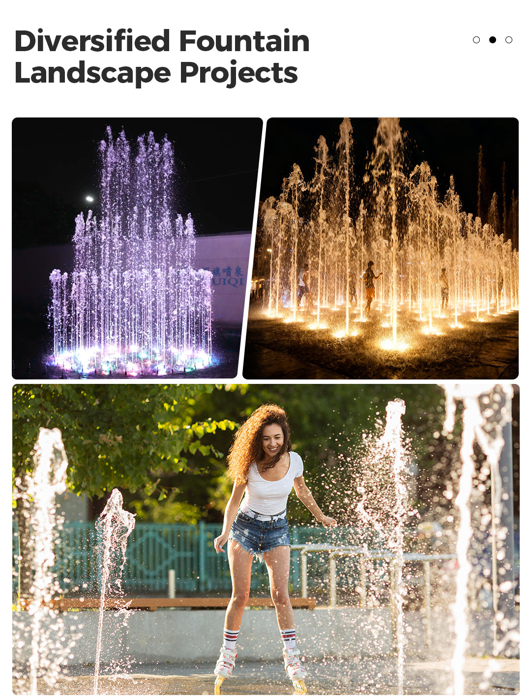 Collage of fountain landscape projects with colorful lights and a person skating.